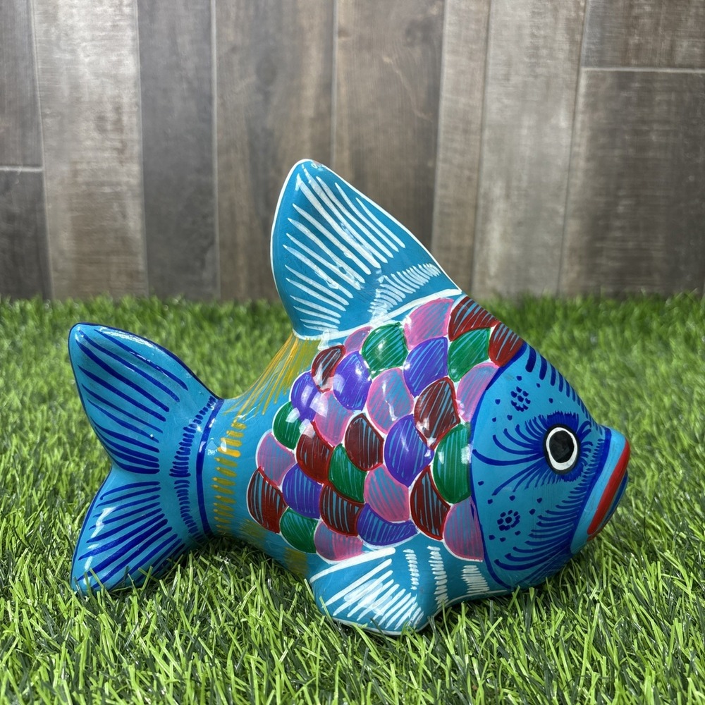 Vintage Hand Painted Ceramic Fish Figurine Colorful Folk Art Coastal Decor